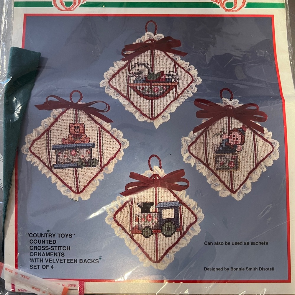 Bucilla Christmas "Country Toys" Counted Cross Stitch Ornaments Kit Set of 4 New